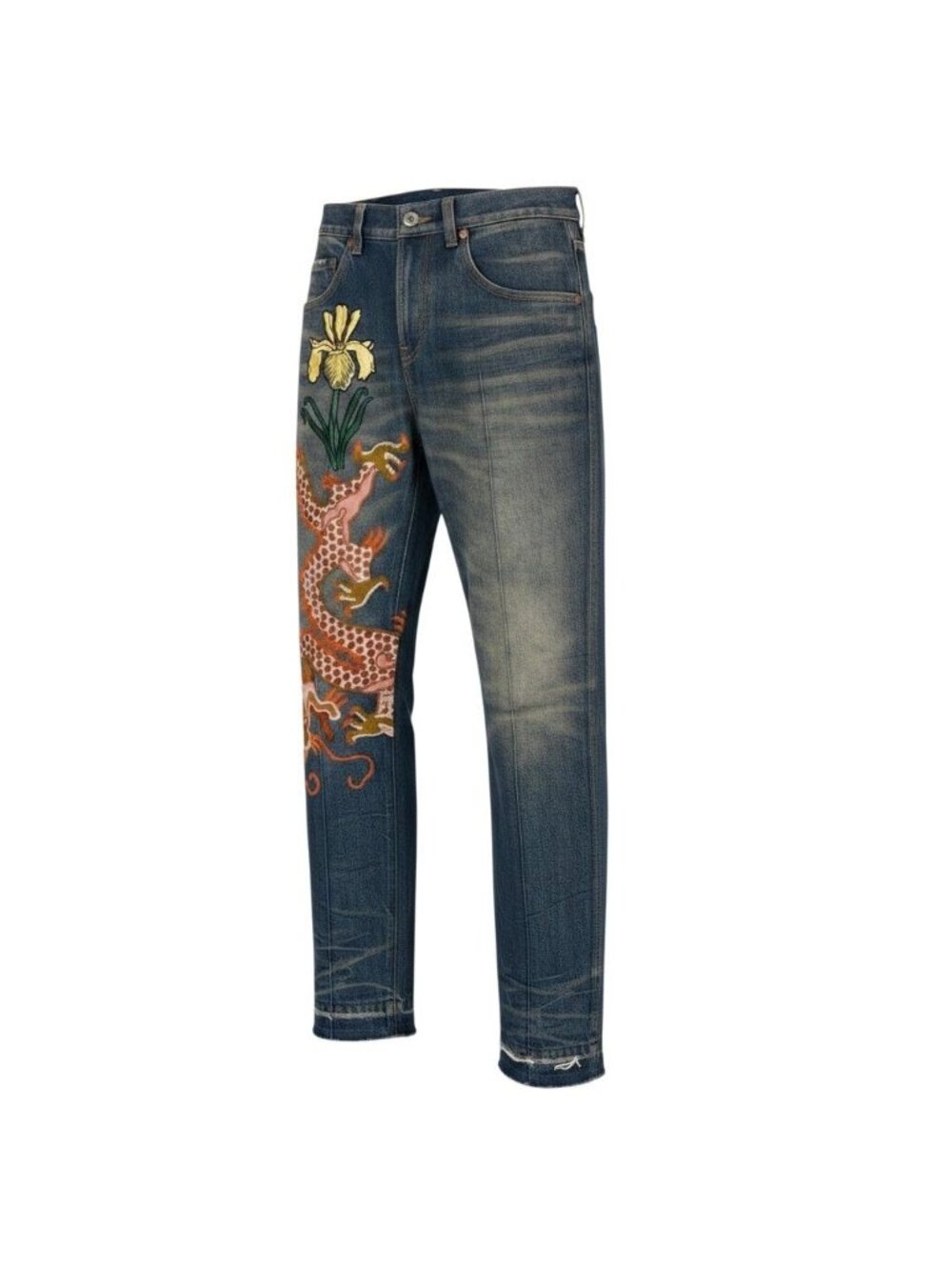 Gucci Dragon Flower Embroidery Vintage Wash Denim Pants Flour Embroidered Jeans